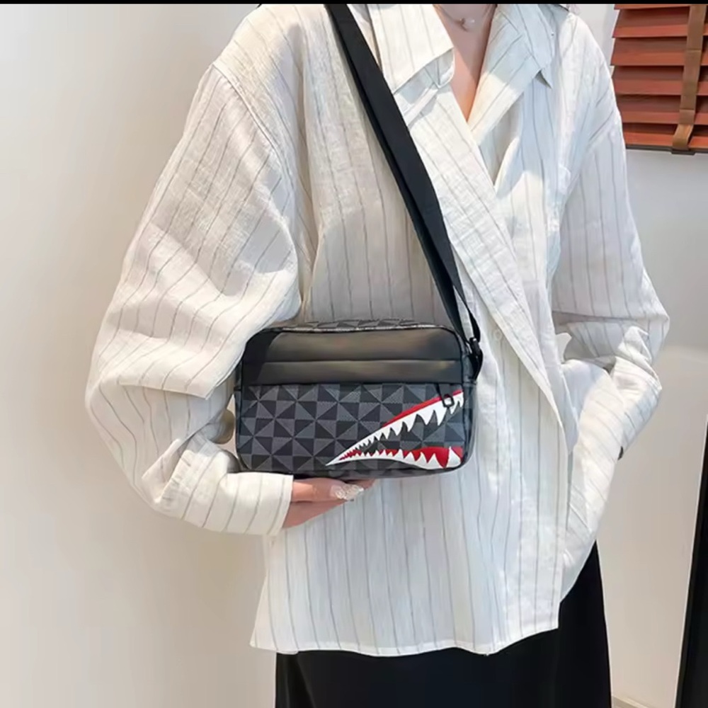 Stylish Black Crossbody Bag with Shark Design